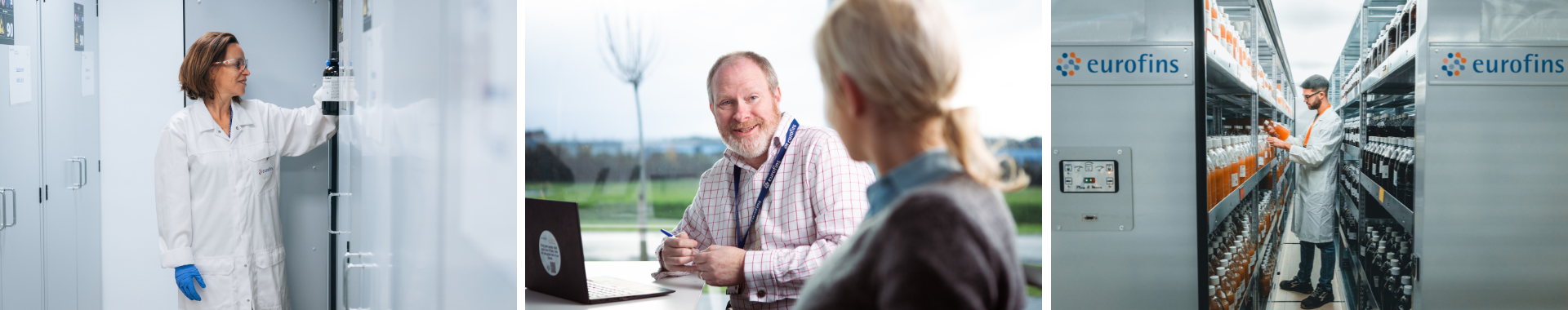 Zaposlenici Eurofins Biopharma Product Testing prikazuju i objašnjavaju postupak stabilnosti i skladištenja. Scena prikazuje profesionalne interakcije u uredu i skladišnim prostorima tvrtke, naglašavajući stručnost, suradnju i detaljno vođenje kroz postupke testiranja stabilnosti.