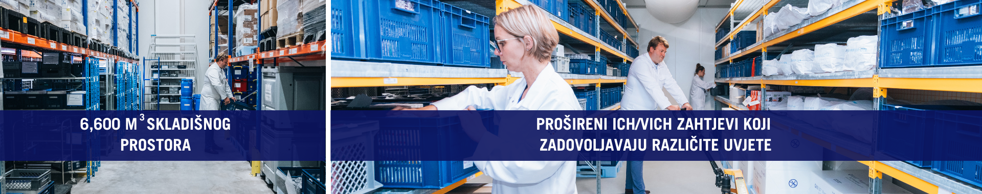Laboratorijski tehničari premještaju materijale s polica na ulazima skladišta u skladišnom prostoru Eurofinsa. Scena naglašava organizaciju, preciznost i kapacitet skladištenja u rukovanju materijalima za testiranje dugoročne stabilnosti.